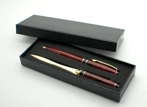 Engraved pen set - Personalized red marble brass pen gift set with matching letter opener