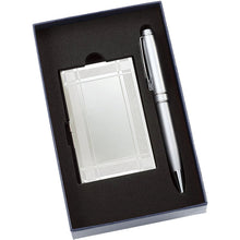 Personalized Silver Geometric Border Card Case and Matching Pen in Gift Box