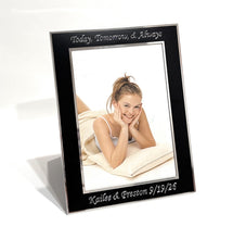 Personalized black and silver 5x7 photo frame with engraved text, vertical