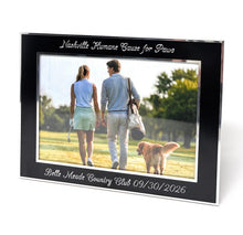 Personalized black and silver 5x7 photo frame with engraved text, horizontal