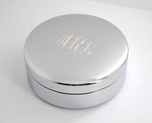 Personalized round jewelry box for Bridesmaid, Engraved with Name or Monogram