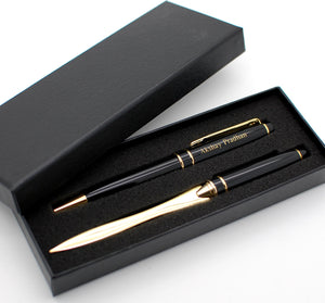 Personalized Black Pen Set with letter opener - Engraved with Name