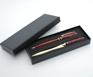 Engraved pen set - Personalized red marble brass pen gift set with matching letter opener