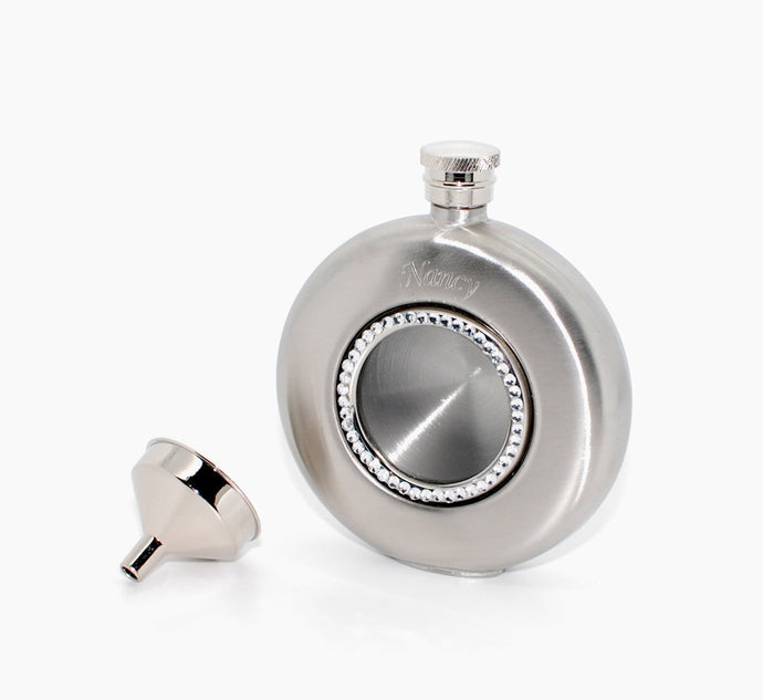 Personalized Liquor flask rhinestone studded with funnel - Engraved with Name