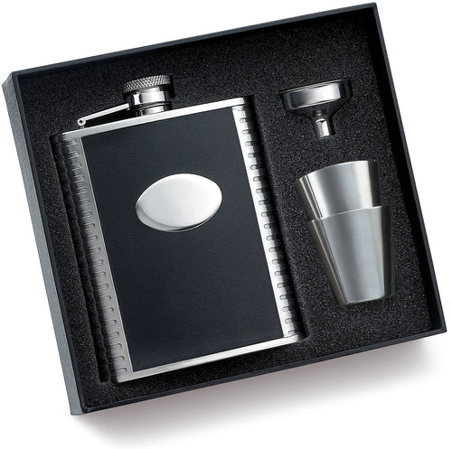 Personalized Flask Set - Groomsmen Gift with Black Leather Flask with 2 shooters and funnel
