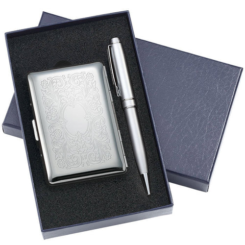 Personalized Business Card Case with Pen Gift Set Engraved with Name and Monogram