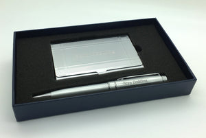 Personalized Silver Geometric Border Card Case and Matching Pen in Gift Box