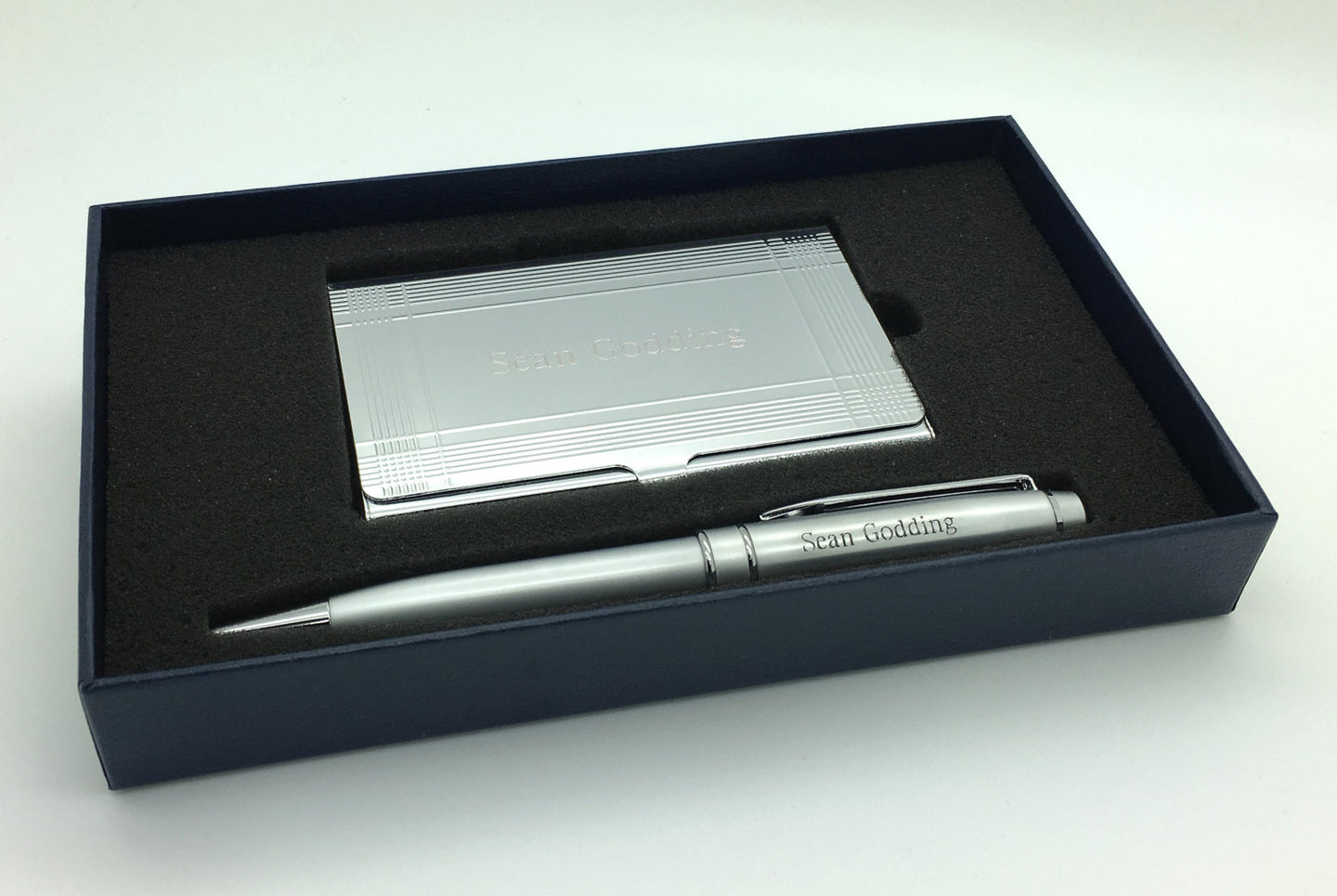 Personalized Silver Geometric Border Card Case and Matching Pen in Gift Box