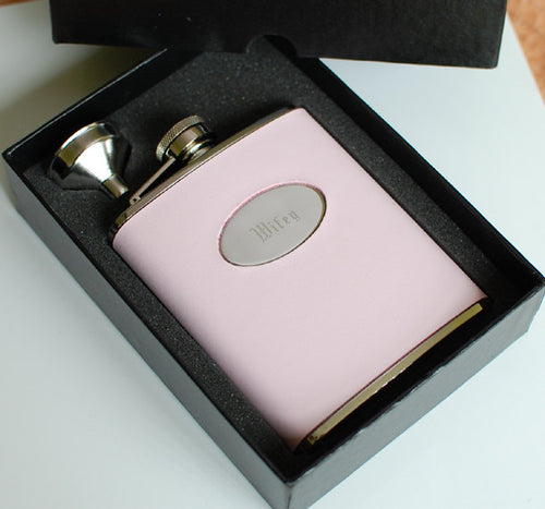Personalized flask - Engraved steal 6 oz flask - Pink Leather Monogram liquor flask - Bridesmaid or maid of honor gift